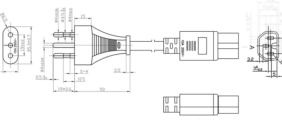Italian CEI 23-50 Plug Type L to IEC60320 C15 Power Cord Drawing
