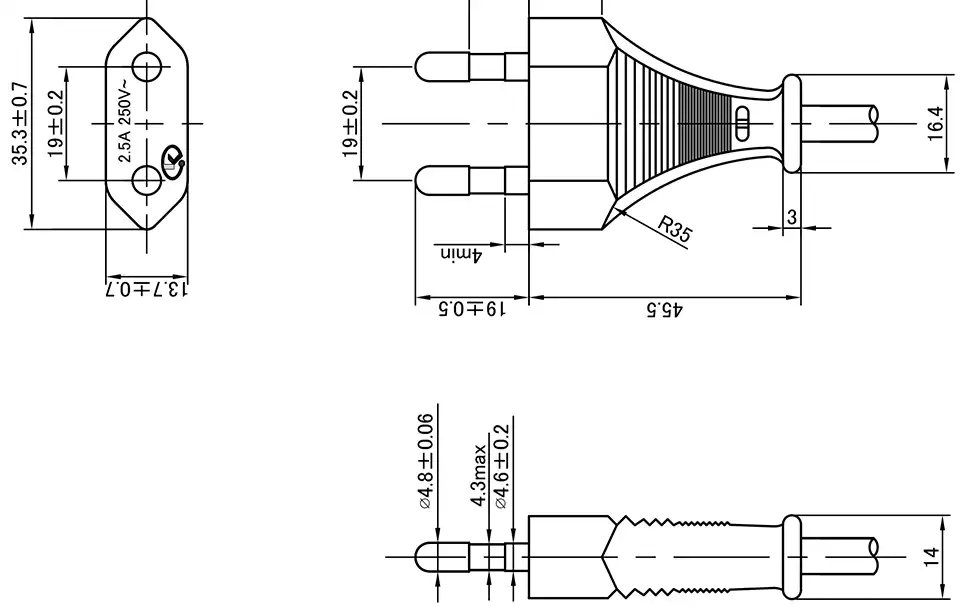 Korean Type C Plug CEE 7-16 KSC 8305 2.5A Power Cord Drawing