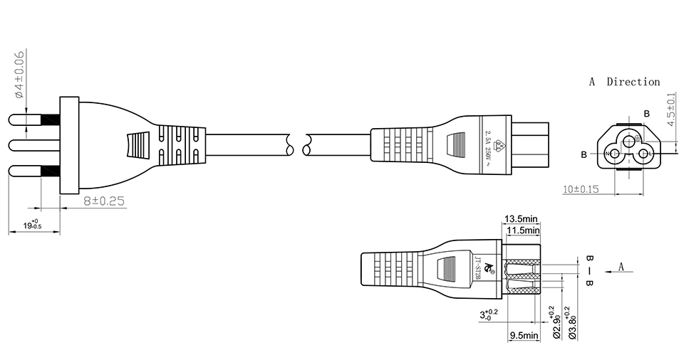 Swiss Plug IEC C5 Power Cord Drawing