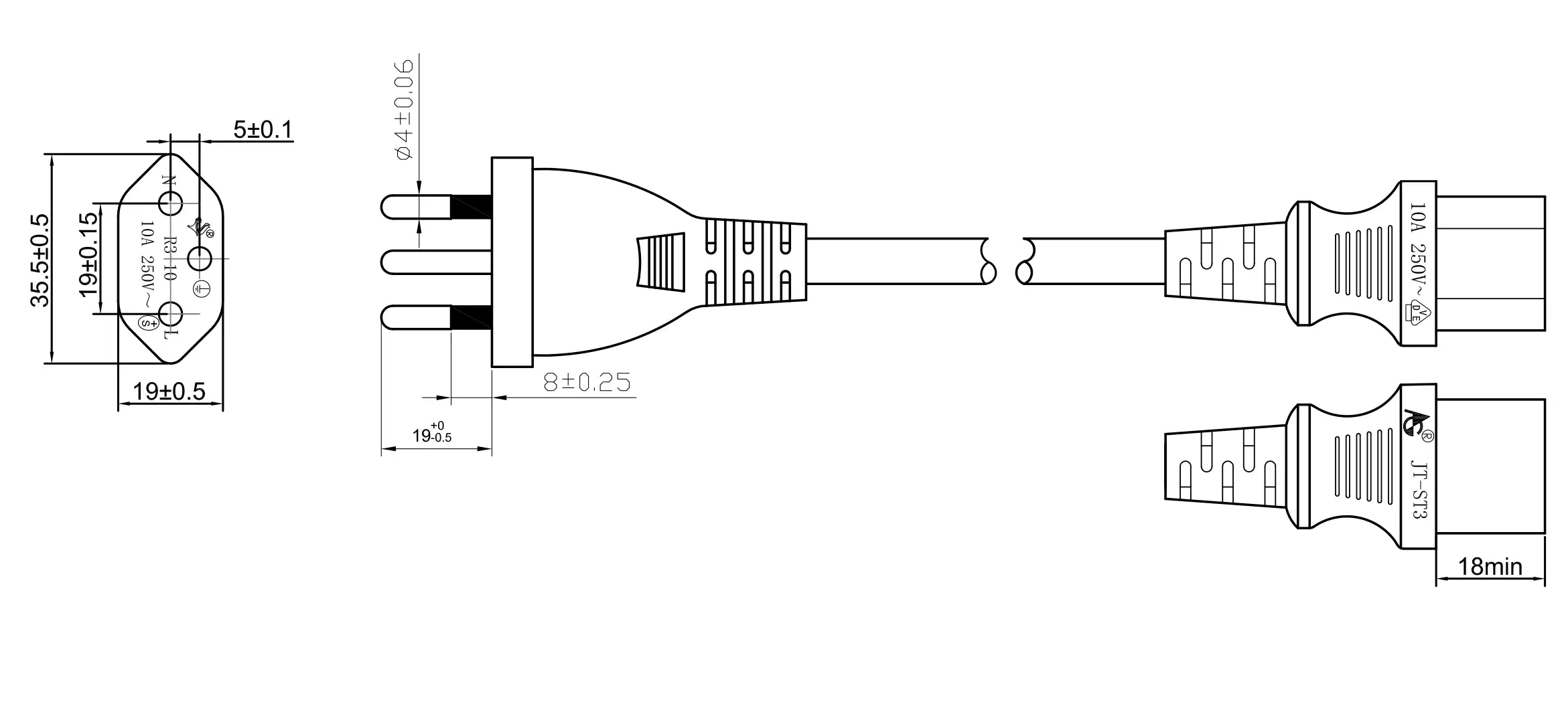Swiss Plug to IEC C13 Power Cord Drawing
