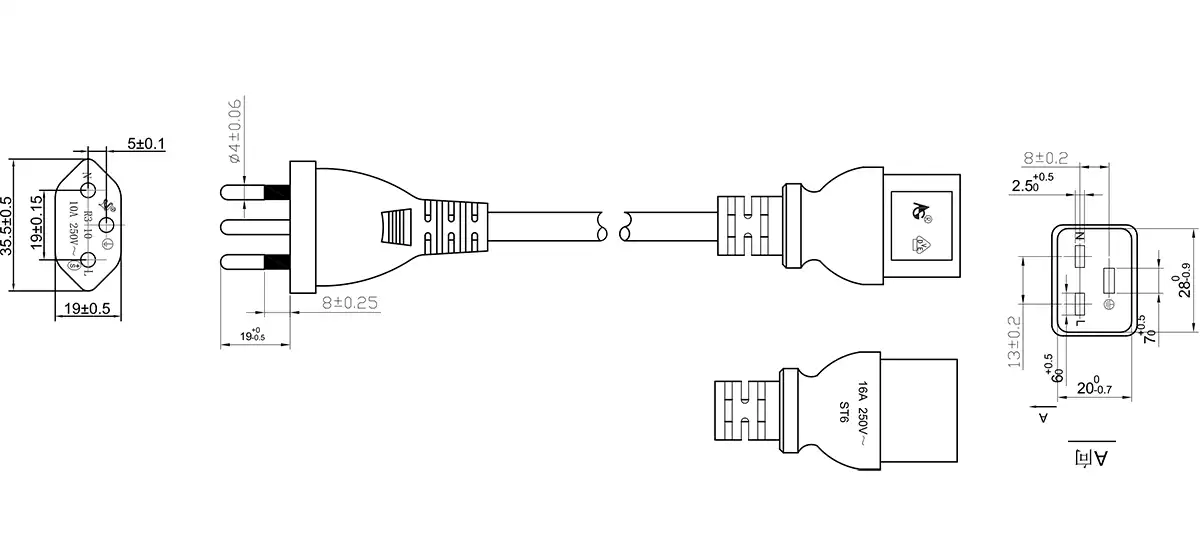 Swiss Plug to IEC C19 Power Cord Drawing