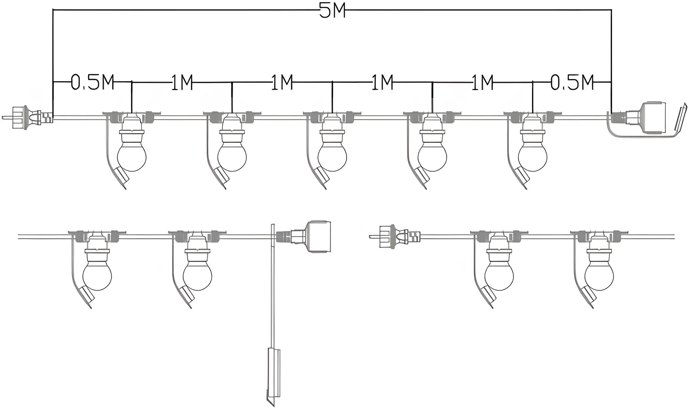 European 5 Lamp Holders E27 Outdoor String Lights 5M