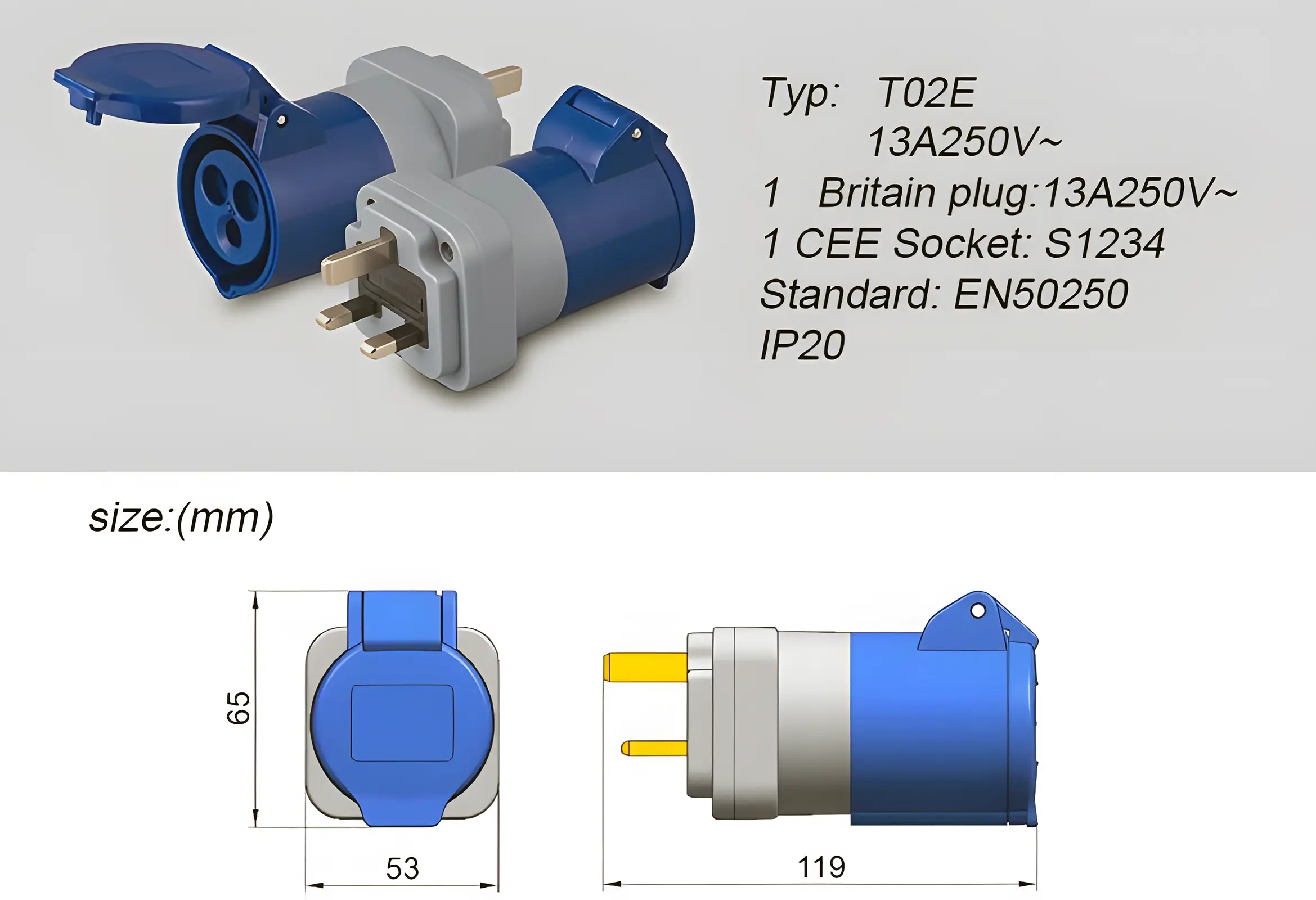 UK Plug Adapter Type G Plug to IEC 60309 Receptacle Drawing
