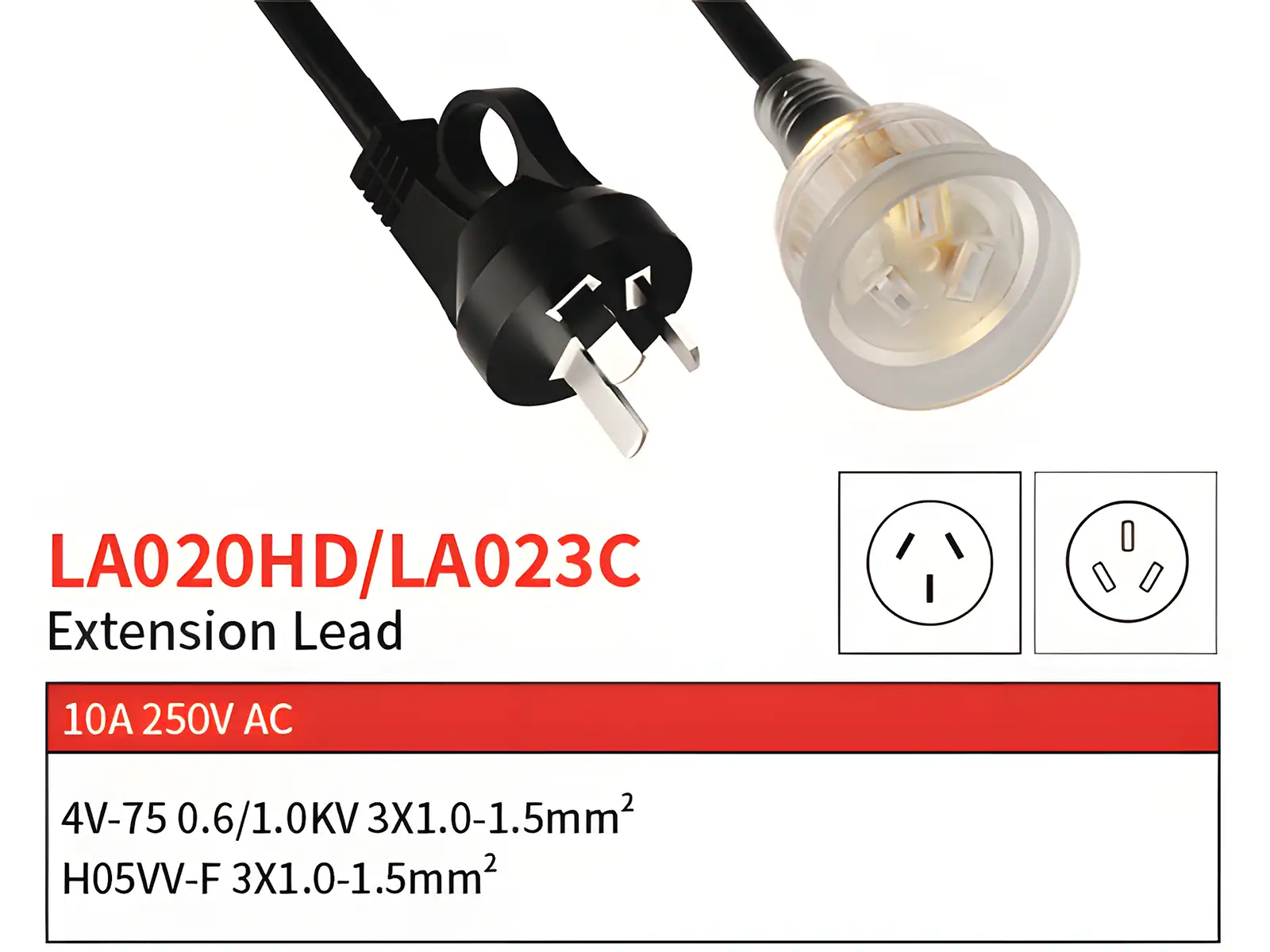 LA020HD plug with finger loop lit socket Australian extension cable