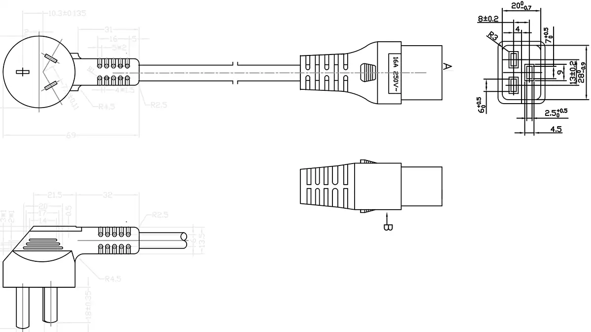 Type I China Plug IEC 60320 C19 Power Cord Drawing